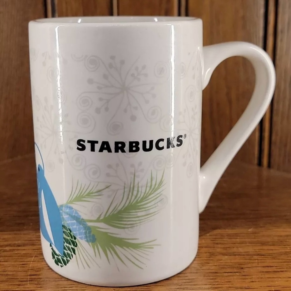 2011 Starbucks Coffee White Mug Cup Holiday Snowflake Pinecones Blue Birds 10 Oz